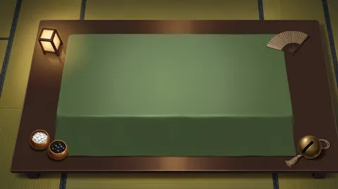 The Japanese table: a green cloth on a low table on tatami mats, with a paper lamp, a folding fan, two bowls of go stones and a shrine bell.