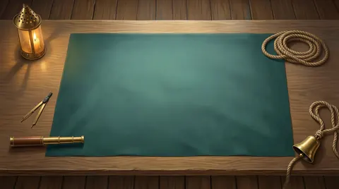 The Age of Sail table: a sea-green cloth on a wooden table, with a candle in a brass lantern, a ship's bell, coils of rope, a telescope and a pair of dividers.