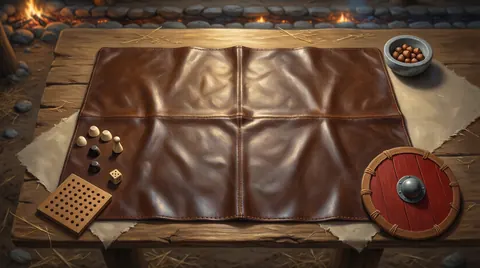 The Viking table: a leather mat on a rough wooden table, with a fire pit burning behind it, a round red shield, gaming pieces and a bowl of nuts.